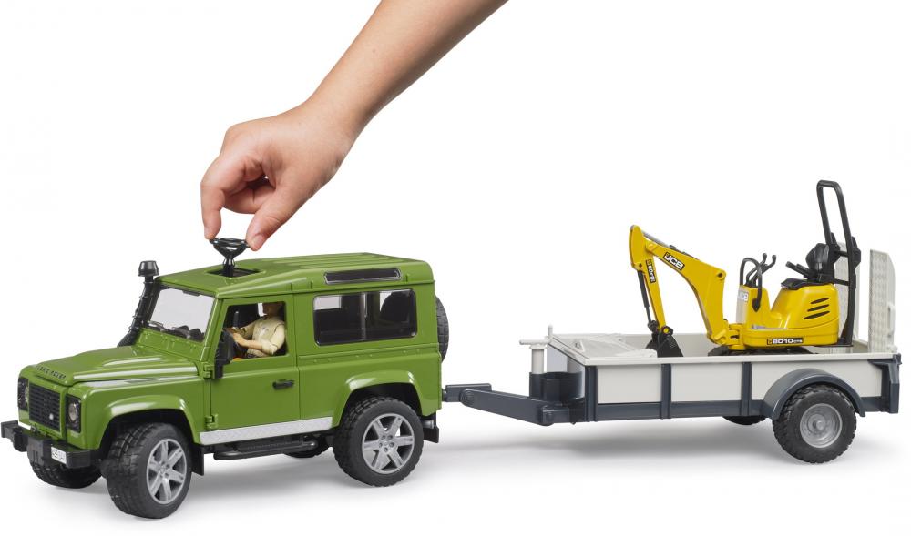 Bruder Spielfahrzeug Anhänger Land Rover Defender, Einachsanhänger JCB Mikrobagger Bauarbeiter 02593