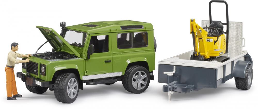 Bruder Spielfahrzeug Anhänger Land Rover Defender, Einachsanhänger JCB Mikrobagger Bauarbeiter 02593