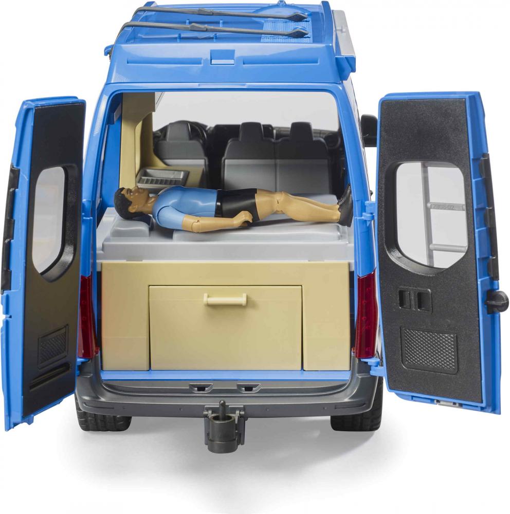Bruder Spielfahrzeug Freizeit Urlaub MB Sprinter Camper mit Fahrer und Zubehör 02684
