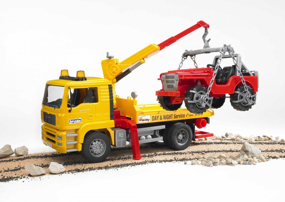 Bruder Spielfahrzeug Baustelle Service-Fahrzeuge MAN TGA Abschlepp-LKW mit Geländewagen 02750