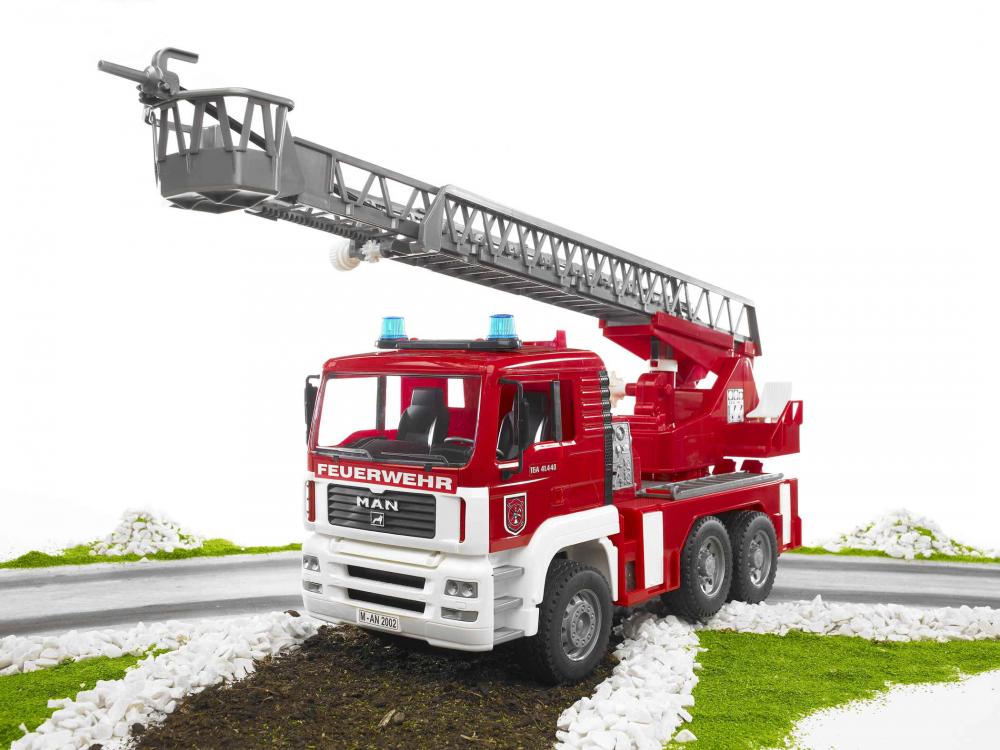 Bruder Spielfahrzeug Feuerwehr MAN TGA Feuerwehr Drehleiter Wasserpumpe und L+S Modul 02771