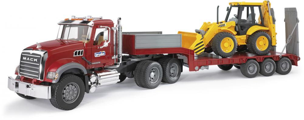 Bruder Spielfahrzeug Baustelle Lader MACK Granite LKW mit Tieflader + JCB 4CX Baggerlader 02813