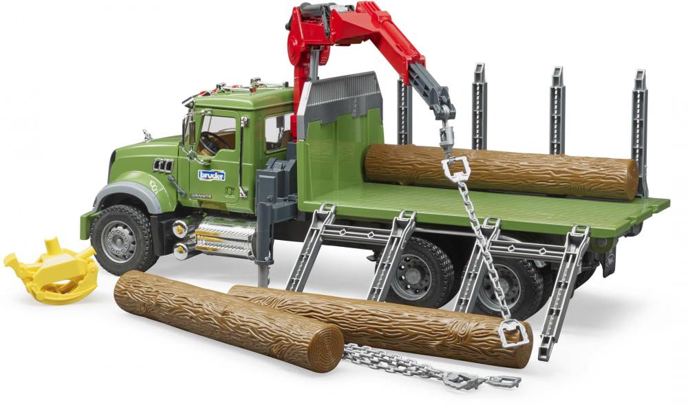 Bruder Spielfahrzeug MACK Granite Holztransport-LKW Ladekran, Greifer, 3 Baumstämme 02824