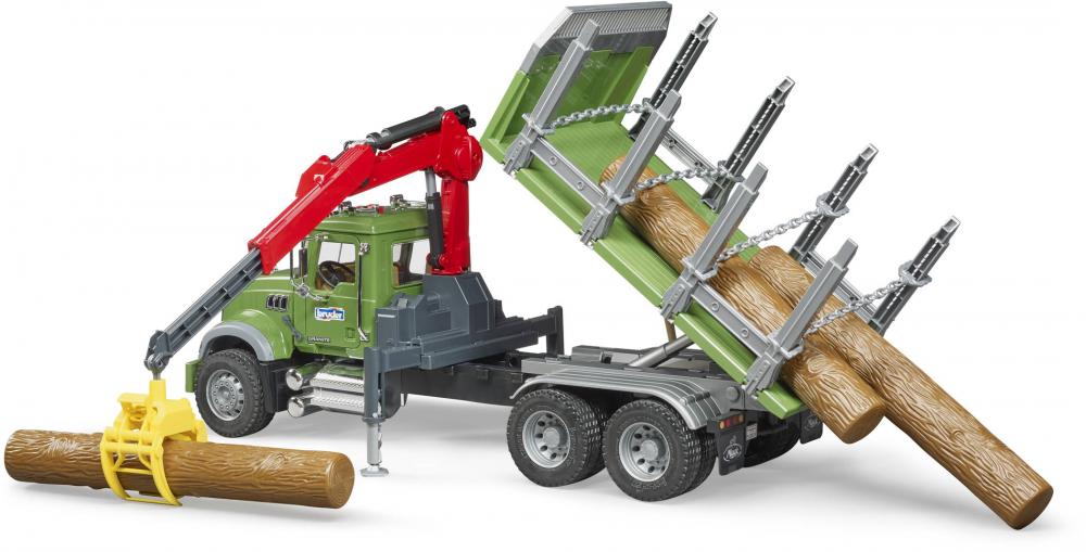 Bruder Spielfahrzeug MACK Granite Holztransport-LKW Ladekran, Greifer, 3 Baumstämme 02824