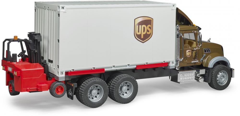 Bruder Spielfahrzeug Nutzfahrzeug Logistik MACK Granite UPS Logistik-LKW + Mitnahmestapler 02828