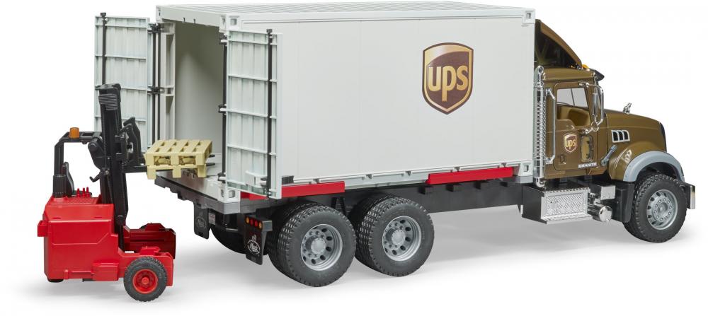 Bruder Spielfahrzeug Nutzfahrzeug Logistik MACK Granite UPS Logistik-LKW + Mitnahmestapler 02828