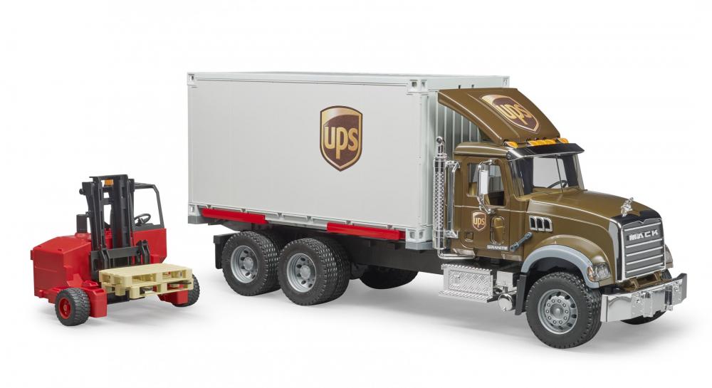 Bruder Spielfahrzeug Nutzfahrzeug Logistik MACK Granite UPS Logistik-LKW + Mitnahmestapler 02828