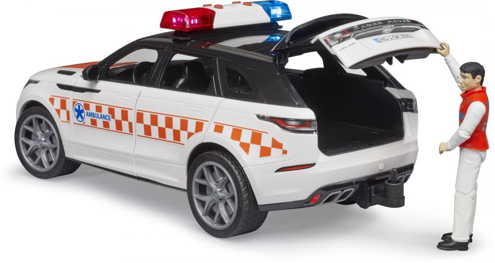 Bruder Spielfahrzeug Einsatzfahrzeuge Ambulanz Range Rover Velar Notarzt mit Fahrer 02885