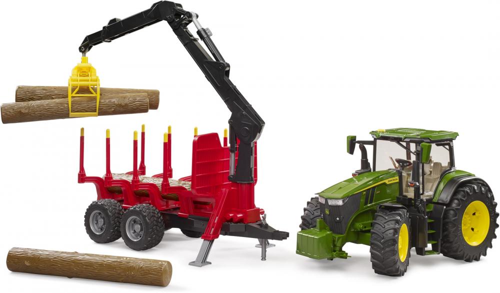 Bruder Spielfahrzeug Forstwirtschaft Traktor John Deere 7R 350 + Rückeanhänger, 4 Baumstämme 03154