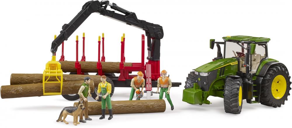 Bruder Spielfahrzeug Forstwirtschaft Traktor John Deere 7R 350 + Rückeanhänger, 4 Baumstämme 03154
