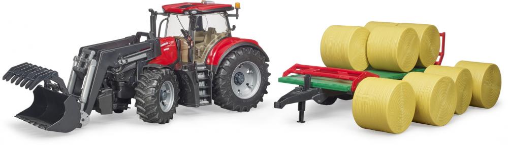 Bruder Spielfahrzeug Traktor Case IH Optum 300CVX Frontlader, Transportanhänger, 8 Rundballen 03198