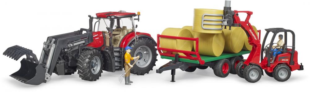 Bruder Spielfahrzeug Traktor Case IH Optum 300CVX Frontlader, Transportanhänger, 8 Rundballen 03198