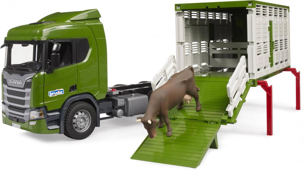 Bruder Spielfahrzeug Landwirtschaft Bauernhof Scania Super 560R Tiertransport-LKW mit 1 Rind 03548