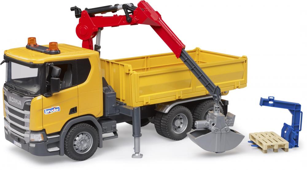 Bruder Spielfahrzeug Baustelle LKW Scania Super 560R Baustellen LKW Kran und 2 Paletten 03551