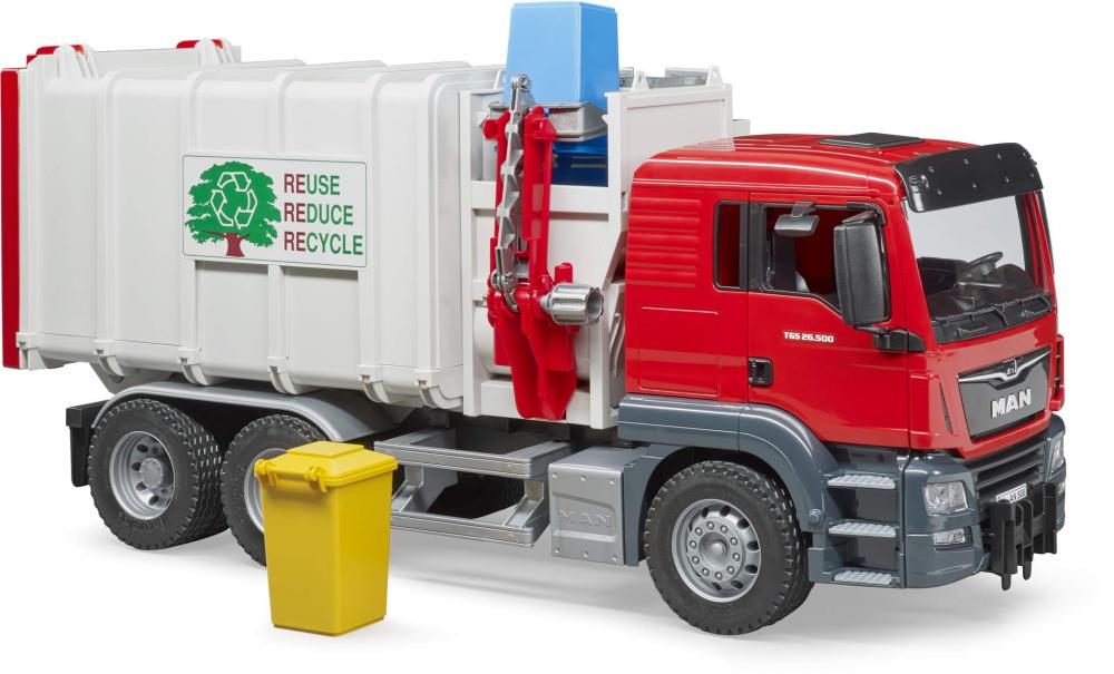 Bruder Spielfahrzeug Nutzfahrzeug Lader MAN TGS Seitenlader Müll-LKW und 2 Mülltonnen 03761