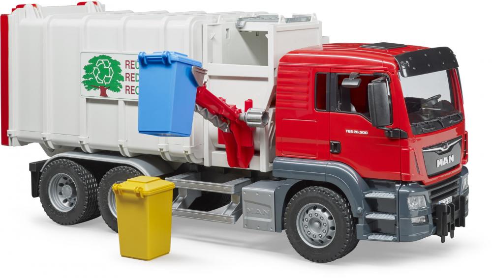 Bruder Spielfahrzeug Nutzfahrzeug Lader MAN TGS Seitenlader Müll-LKW und 2 Mülltonnen 03761