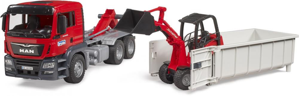 Bruder Spielfahrzeug Baustelle LKW MAN TGS LKW mit Abrollcon- tainer+Schäffer Hoflader 2630 03767