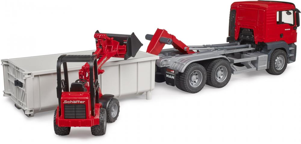 Bruder Spielfahrzeug Baustelle LKW MAN TGS LKW mit Abrollcon- tainer+Schäffer Hoflader 2630 03767