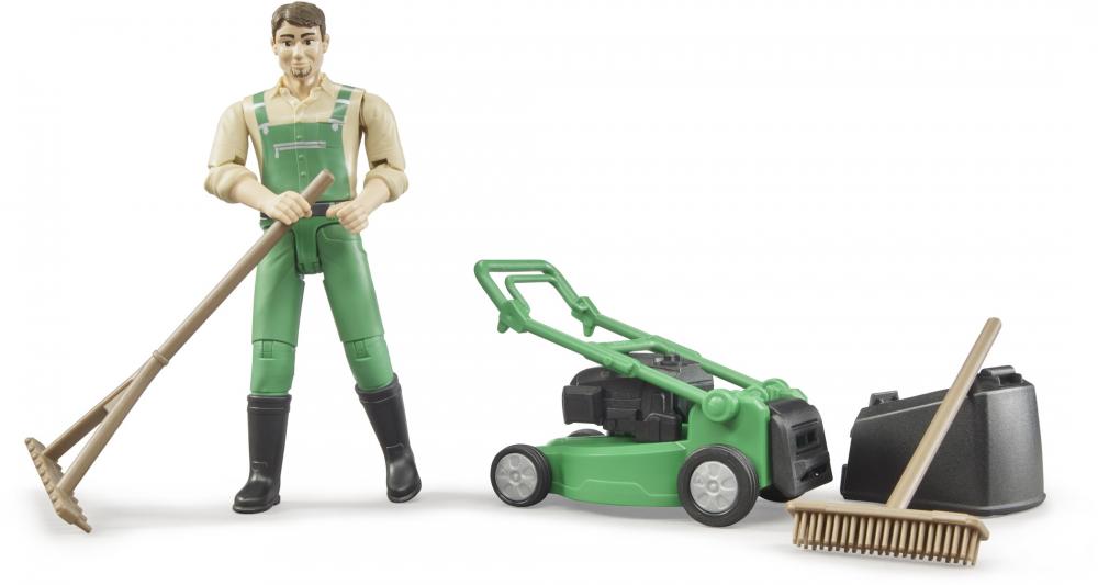 Bruder Spielfiguren Set Nutzfahrzeug bworld Gärtner mit Rasenmäher und Gartengeräten 62103
