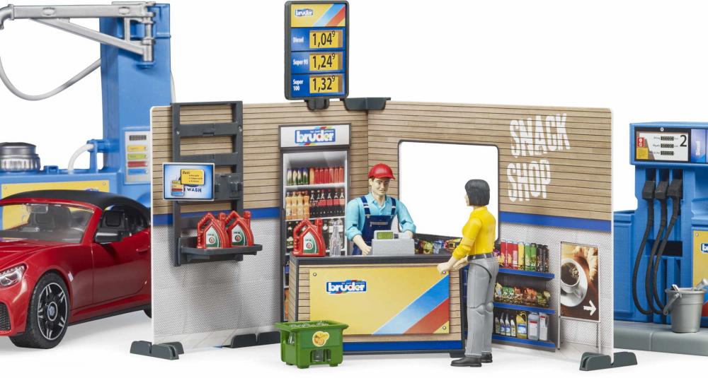 Bruder Spielfiguren Set PKW bworld Tankstelle mit Waschplatz und BRUDER Roadster 62111