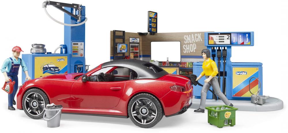Bruder Spielfiguren Set PKW bworld Tankstelle mit Waschplatz und BRUDER Roadster 62111