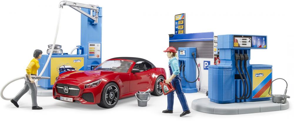 Bruder Spielfiguren Set PKW bworld Tankstelle mit Waschplatz und BRUDER Roadster 62111