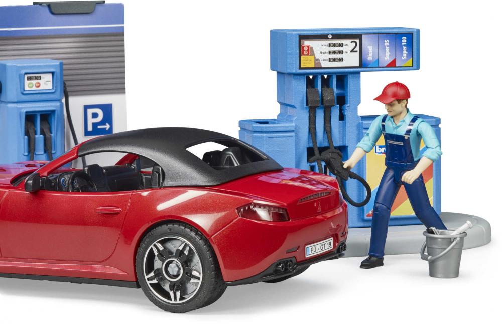 Bruder Spielfiguren Set PKW bworld Tankstelle mit Waschplatz und BRUDER Roadster 62111
