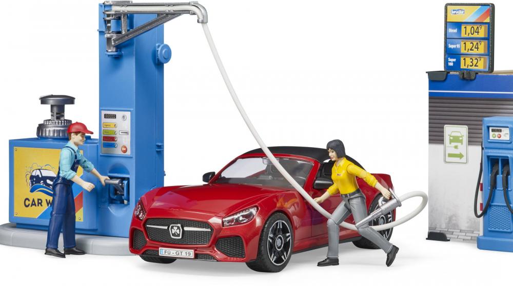 Bruder Spielfiguren Set PKW bworld Tankstelle mit Waschplatz und BRUDER Roadster 62111