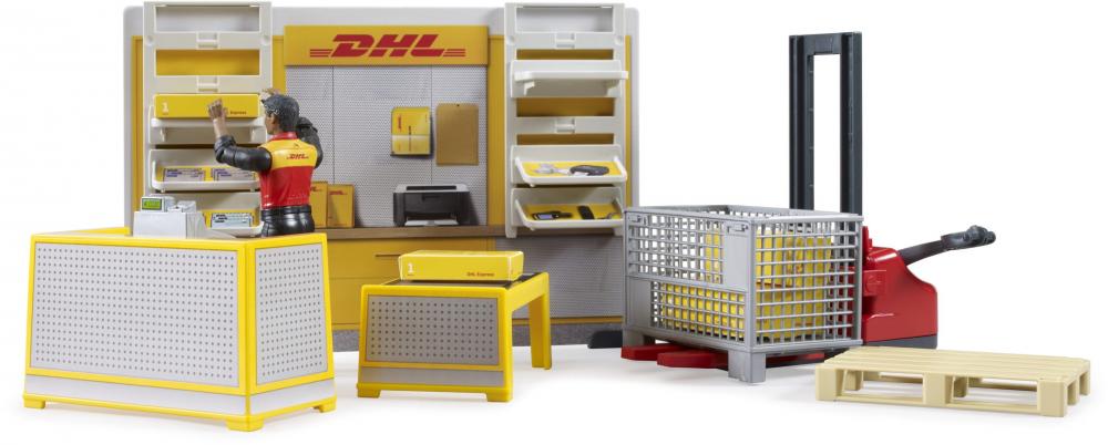 Bruder Spielfiguren Set Nutzfahrzeug bworld DHL Shop mit Handhubstapler und Figur 62251