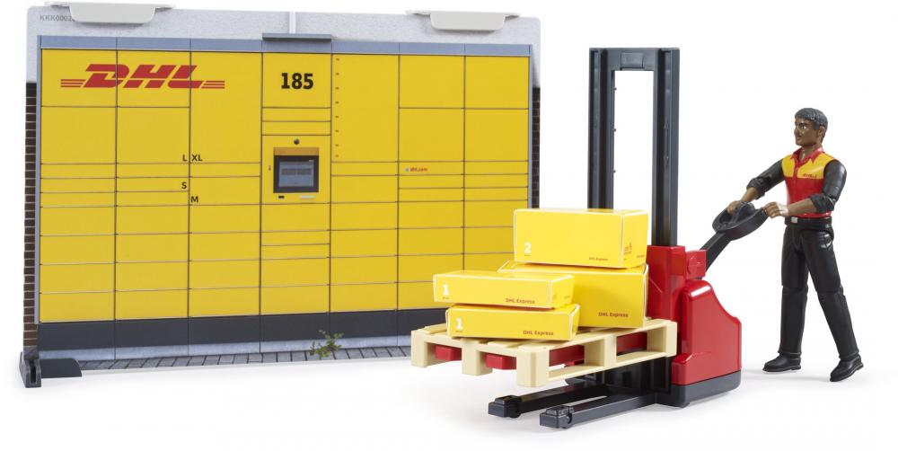 Bruder Spielfiguren Set Nutzfahrzeug bworld DHL Shop mit Handhubstapler und Figur 62251