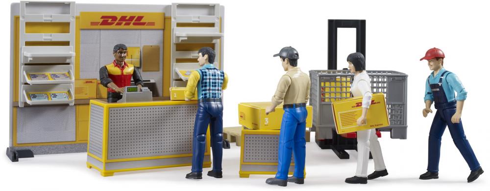 Bruder Spielfiguren Set Nutzfahrzeug bworld DHL Shop mit Handhubstapler und Figur 62251