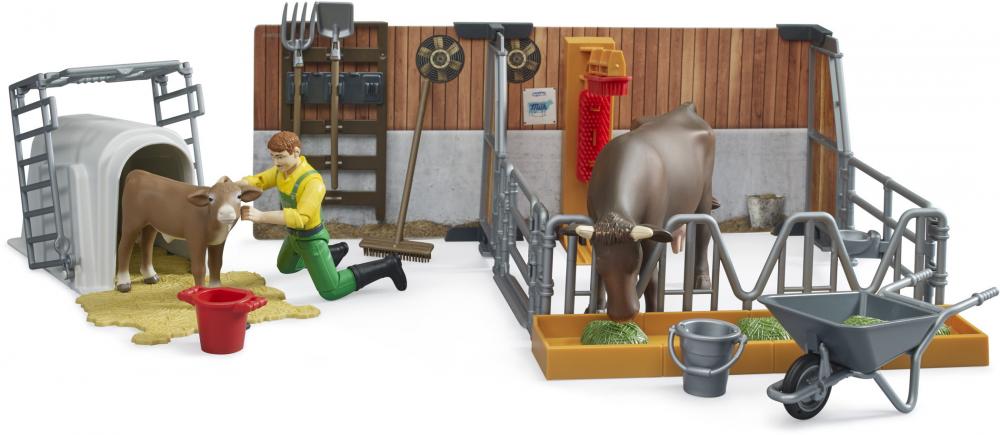 Bruder Spielfiguren Set bworld Landwirtschaft Kuh- und Kälberstall mit Landwirt, Kuh und Kalb 62611