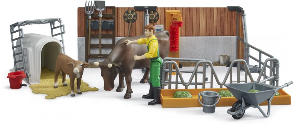 Bruder Spielfiguren Set bworld Landwirtschaft Kuh- und Kälberstall mit Landwirt, Kuh und Kalb 62611