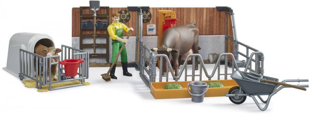Bruder Spielfiguren Set bworld Landwirtschaft Kuh- und Kälberstall mit Landwirt, Kuh und Kalb 62611
