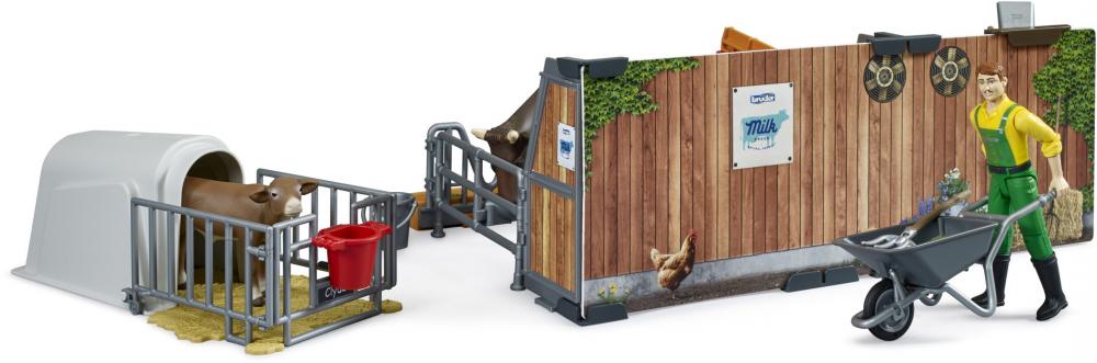 Bruder Spielfiguren Set bworld Landwirtschaft Kuh- und Kälberstall mit Landwirt, Kuh und Kalb 62611
