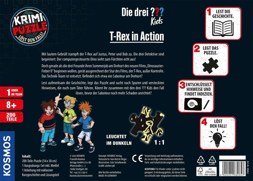 200 Teile Kosmos Familienspiel Krimispiel Krimipuzzle Die drei ??? Kids T-Rex in Action 680657