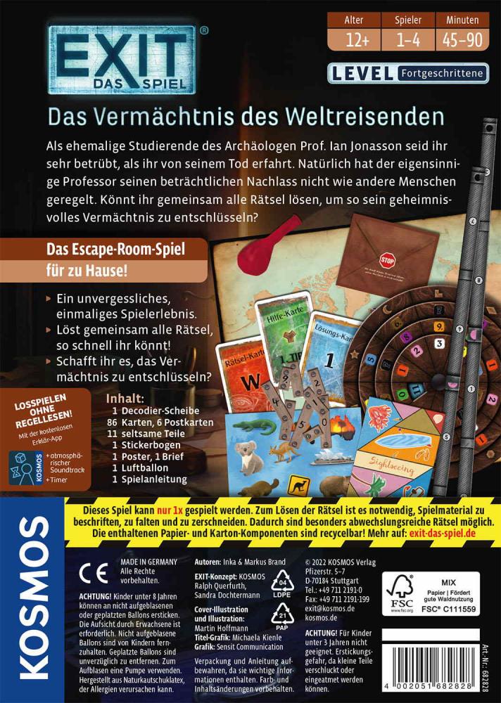 Kosmos Familienspiel Escape EXIT® Das Vermächtnis des Weltreisenden Level Fortgeschritten 682828