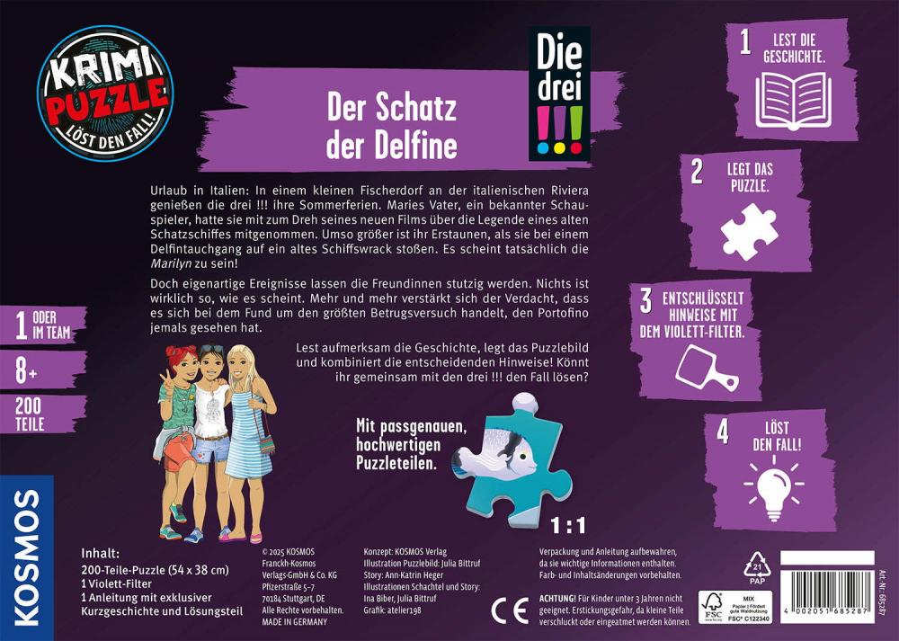 200 Teile Kosmos Familienspiel Krimispiel Krimipuzzle Die drei !!! Der Schatz der Delfine 685287