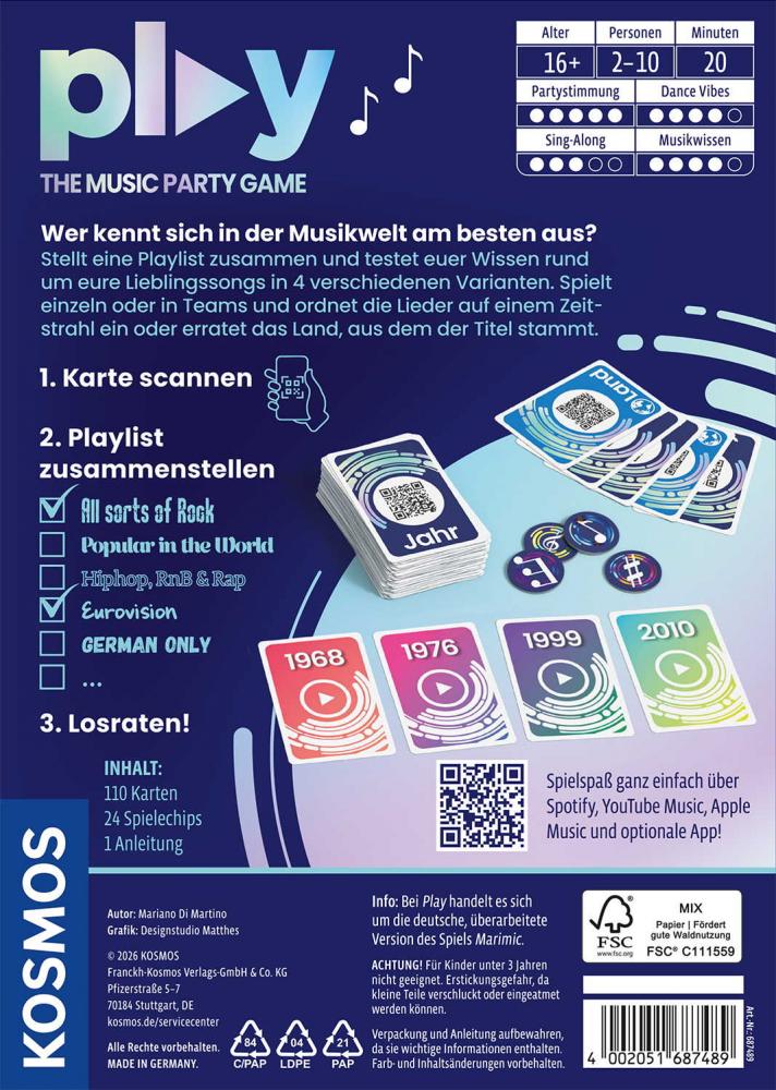 Kosmos Familienspiel Partyspiel PLAY The Music Party Game 687489