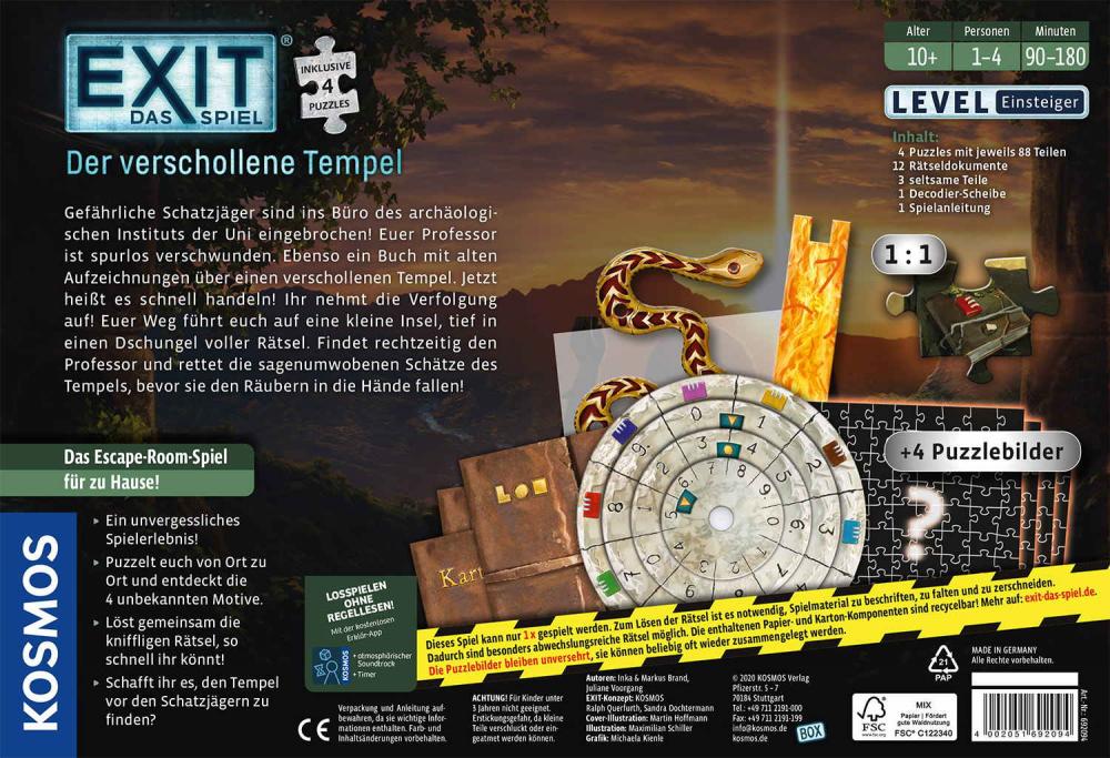 Kosmos Familienspiel Escape EXIT® Das Spiel + Puzzle Der verschollene Tempel Level Einsteiger 692094