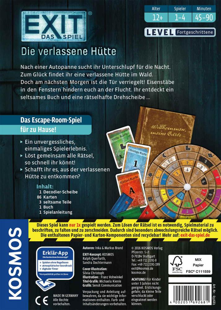 Kosmos Familienspiel Escape EXIT® Die verlassene Hütte Level Fortgeschritten 692681