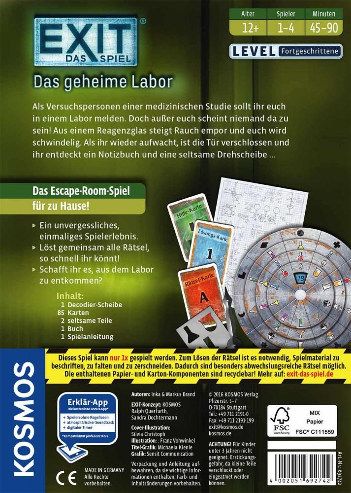 Kosmos Familienspiel Escape EXIT® Das geheime Labor Level Fortgeschritten 692742