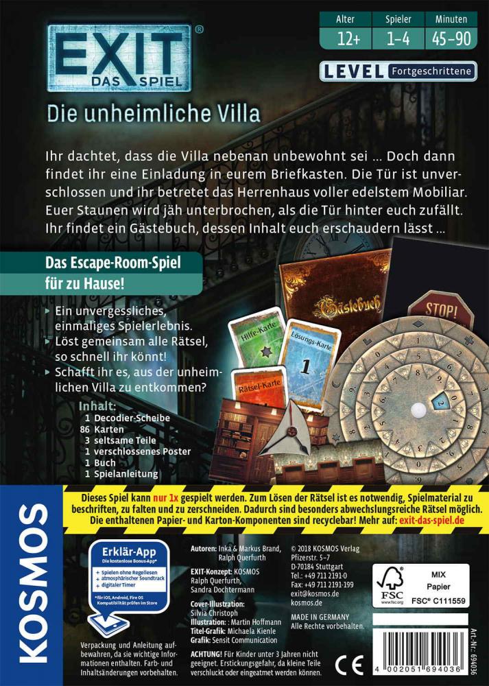 Kosmos Familienspiel Escape EXIT® Die unheimliche Villa Level Fortgeschritten 694036