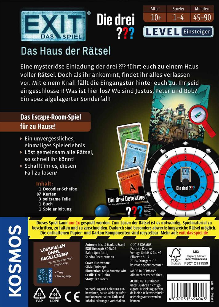 Kosmos Familienspiel Escape EXIT® Die drei ??? Das Haus der Rätsel Level Einsteiger 694043