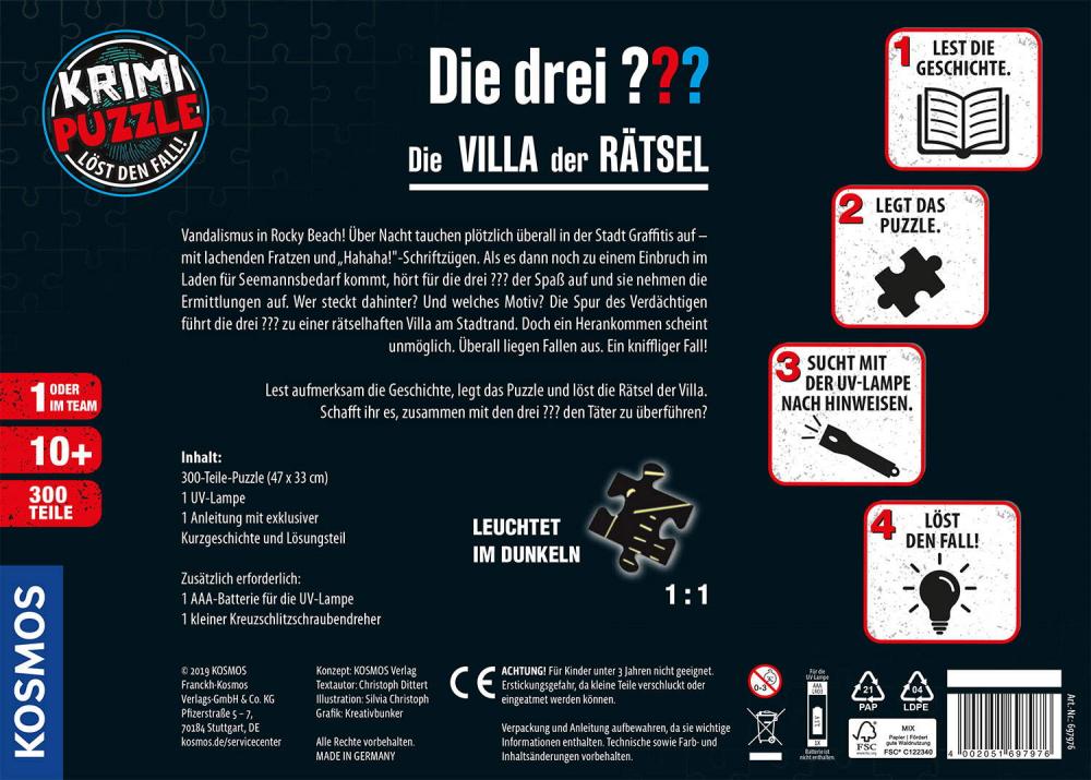 300 Teile Kosmos Familienspiel Krimispiel Krimipuzzle Die drei ??? Die Villa der Rätsel 697976