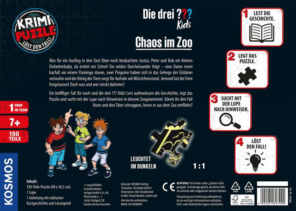 150 Teile Kosmos Familienspiel Krimispiel Krimipuzzle Die drei ??? Kids Chaos im Zoo 697990