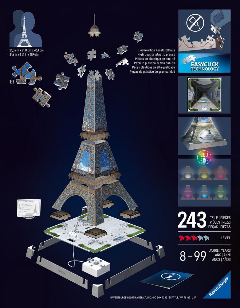 216 Teile Ravensburger 3D Puzzle Iconics Bauwerk Eiffelturm mit Licht 12008024