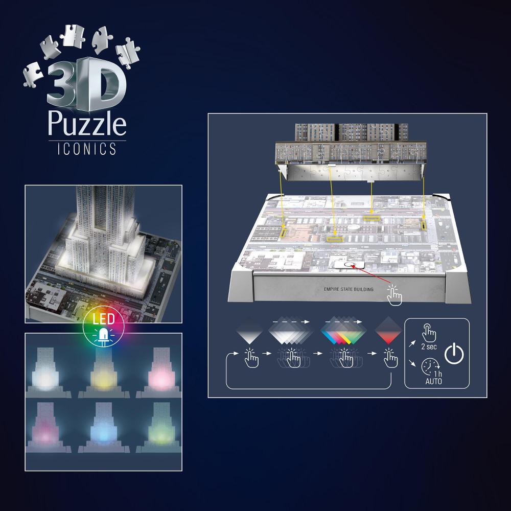 216 Teile Ravensburger 3D Puzzle Iconics Bauwerk Empire State Building mit Licht 12008026