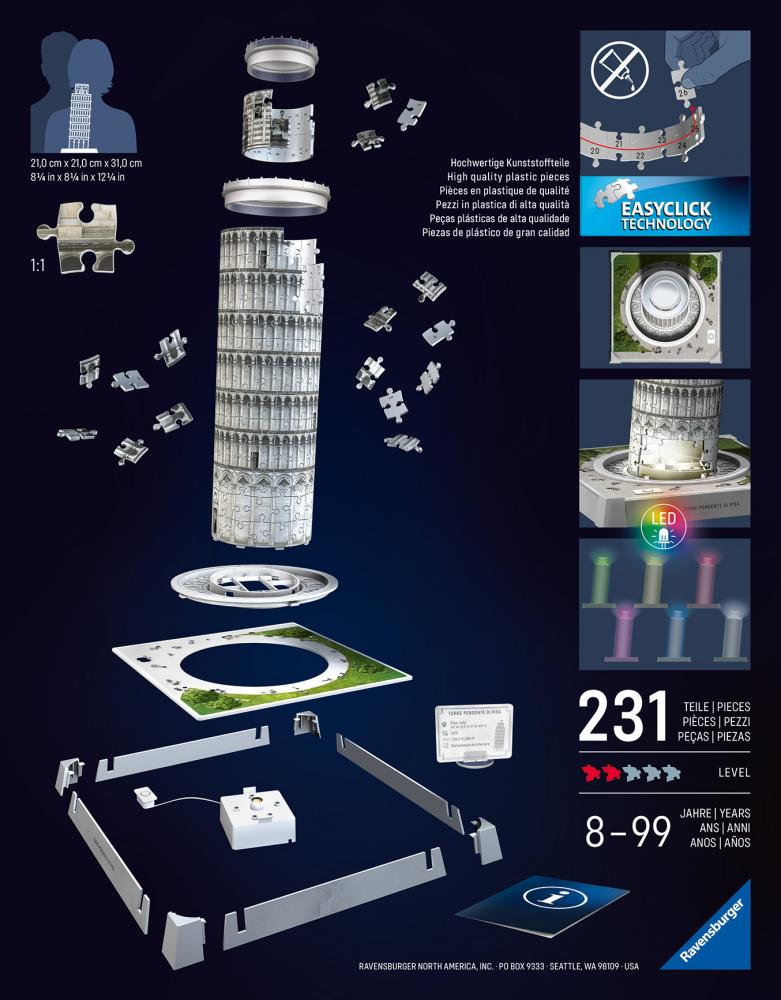 216 Teile Ravensburger 3D Puzzle Iconics Bauwerk Schiefer Turm von Pisa mit Licht 12008028