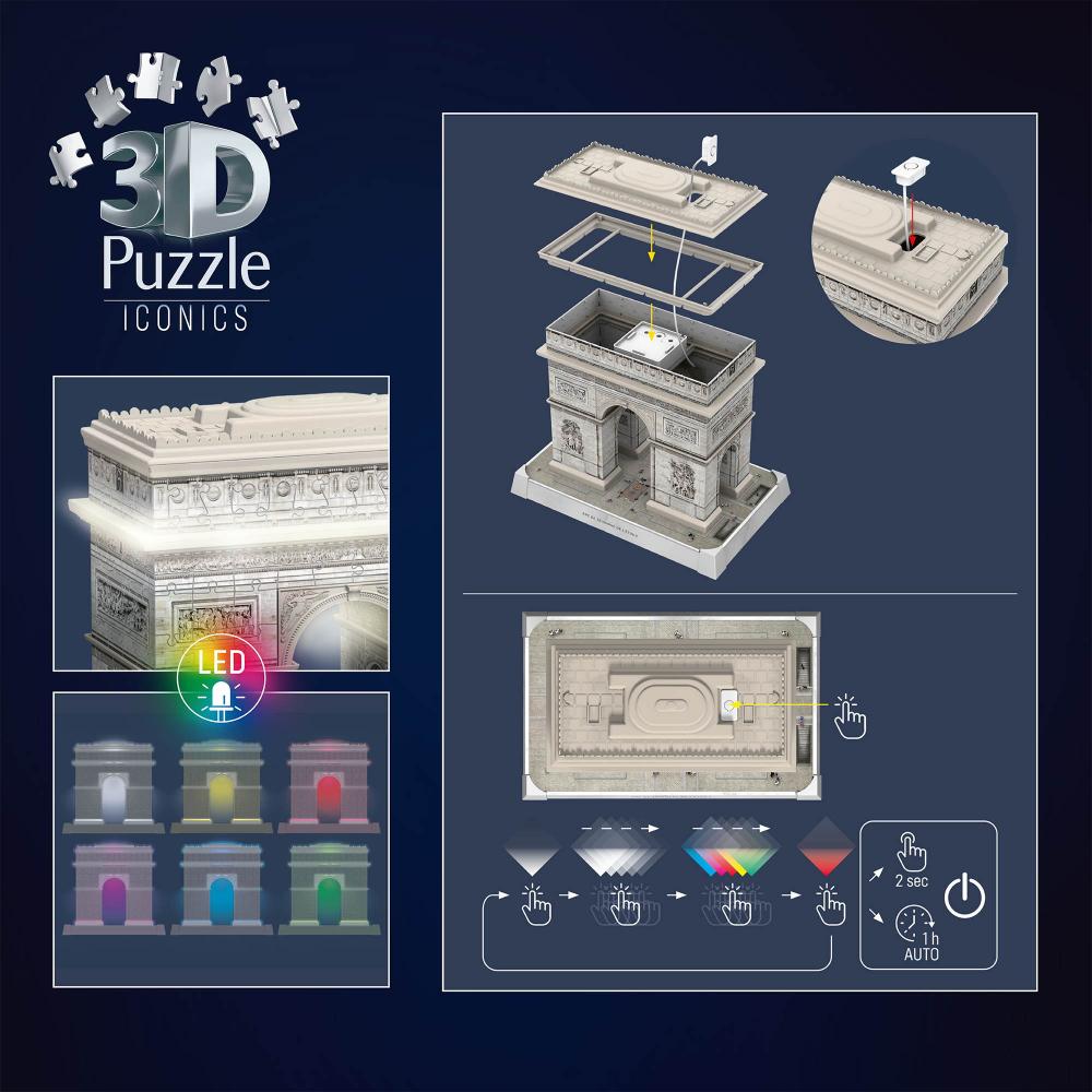 216 Teile Ravensburger 3D Puzzle Iconics Bauwerk Triumphbogen Paris mit Licht 12008029